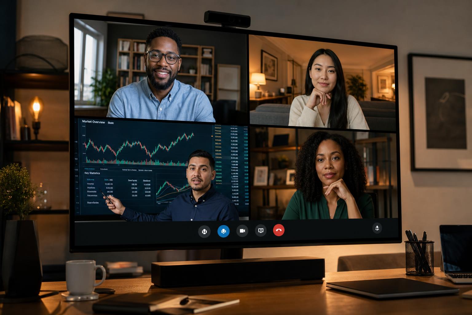 Diverse group of traders in a live Zoom mentorship session reviewing charts together
