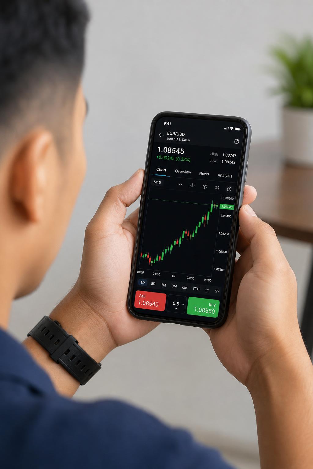 Trader analyzing forex charts on a smartphone from anywhere