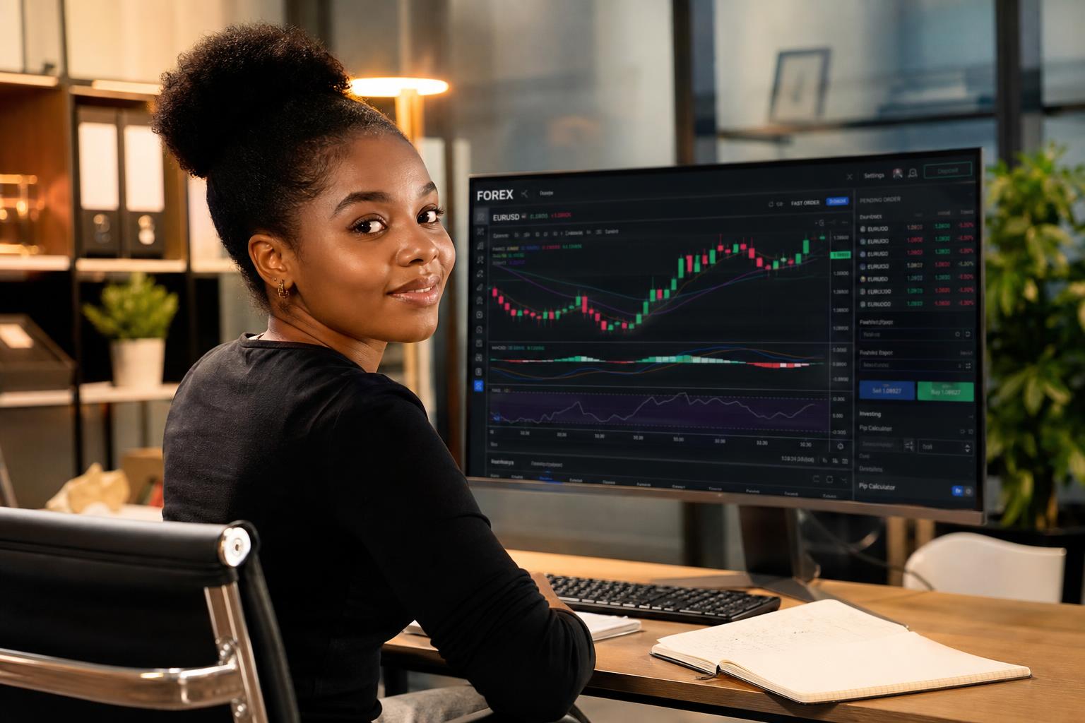 Focused woman trader reviewing detailed trading charts on a large monitor in a professional workspace