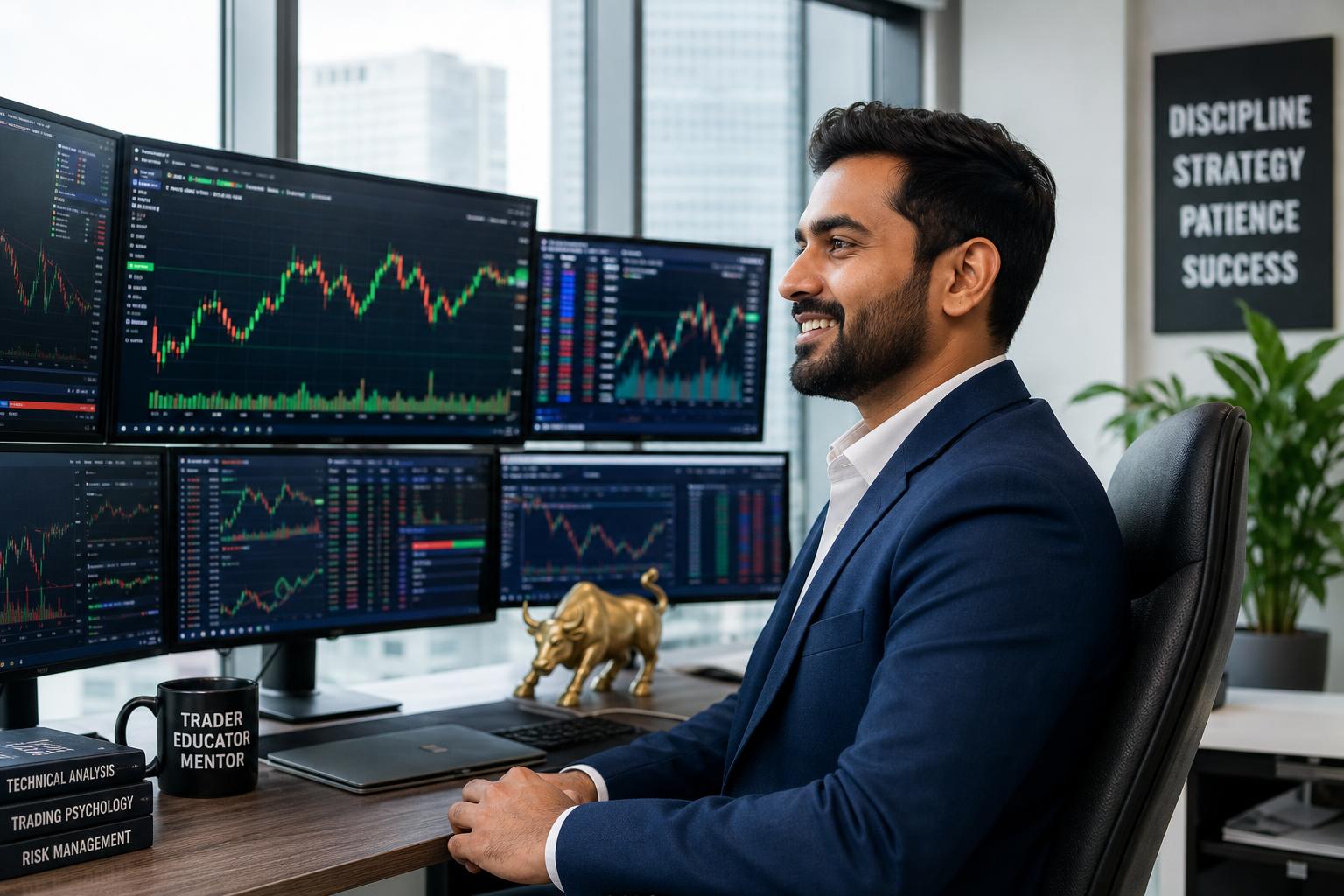 Confident trader reviewing charts and celebrating trading success